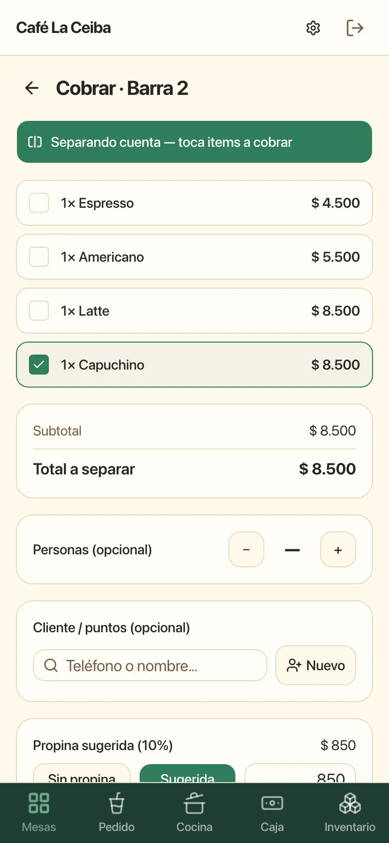Cobro separando la cuenta por producto