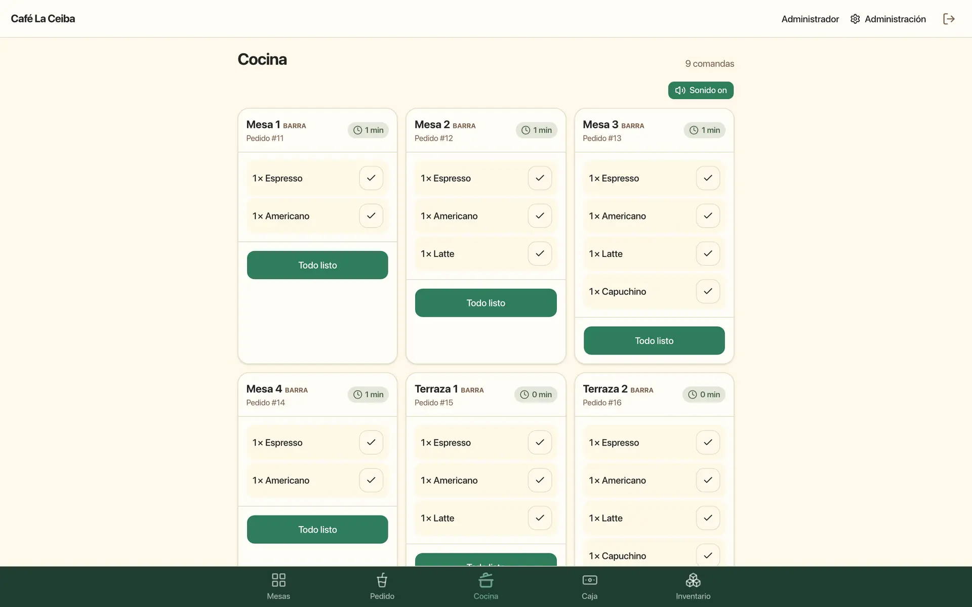 Pantalla de cocina con comandas en vivo