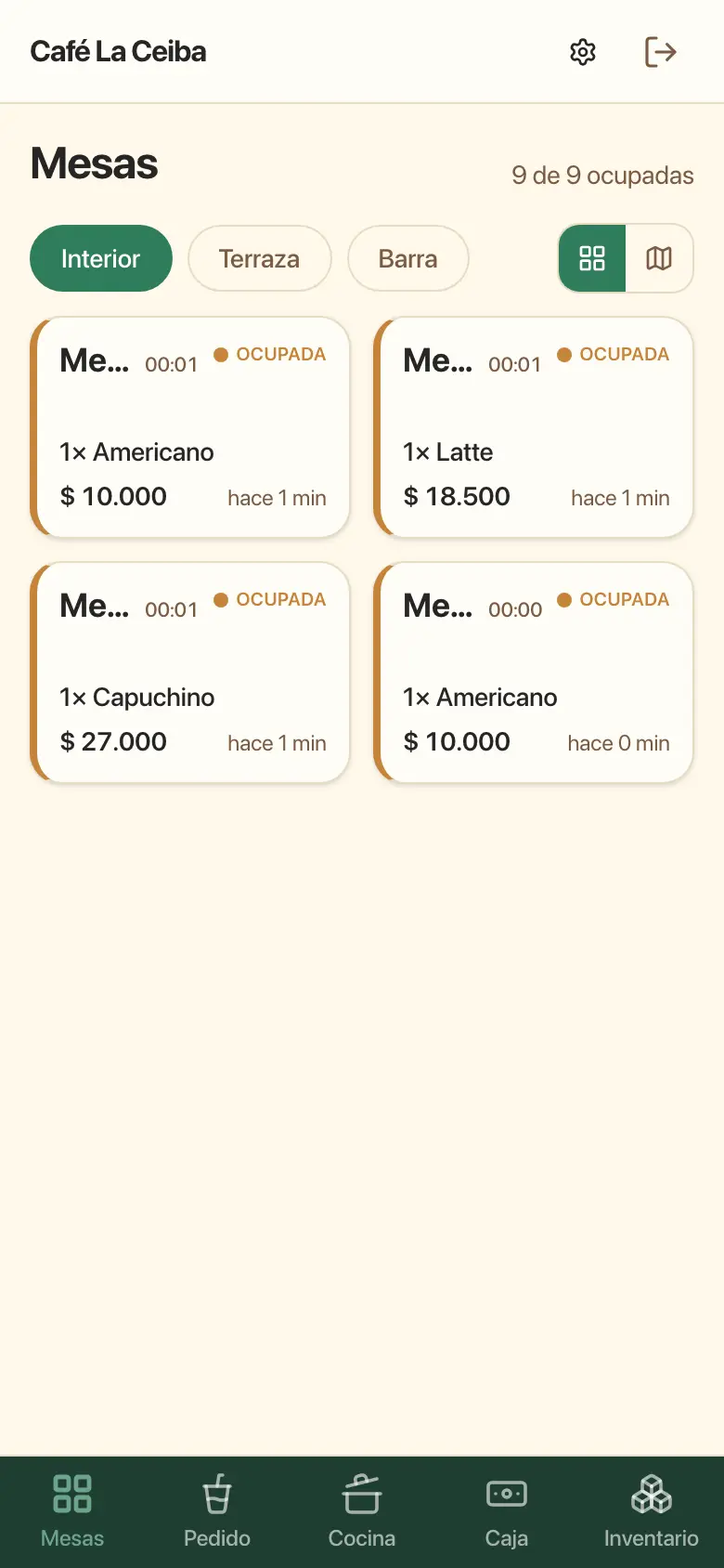 Plano de mesas del POS en el celular