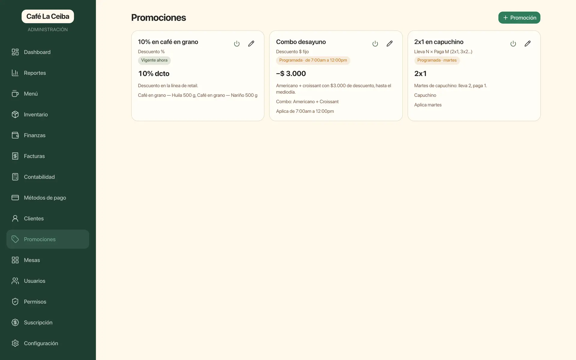 Promociones programadas por hora y día